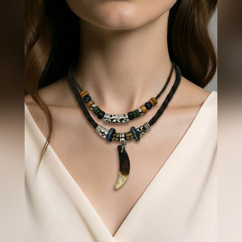 Wolf Tooth Necklace Layered Boho Tribal Faux Leather Cord Indie Earthy Statement